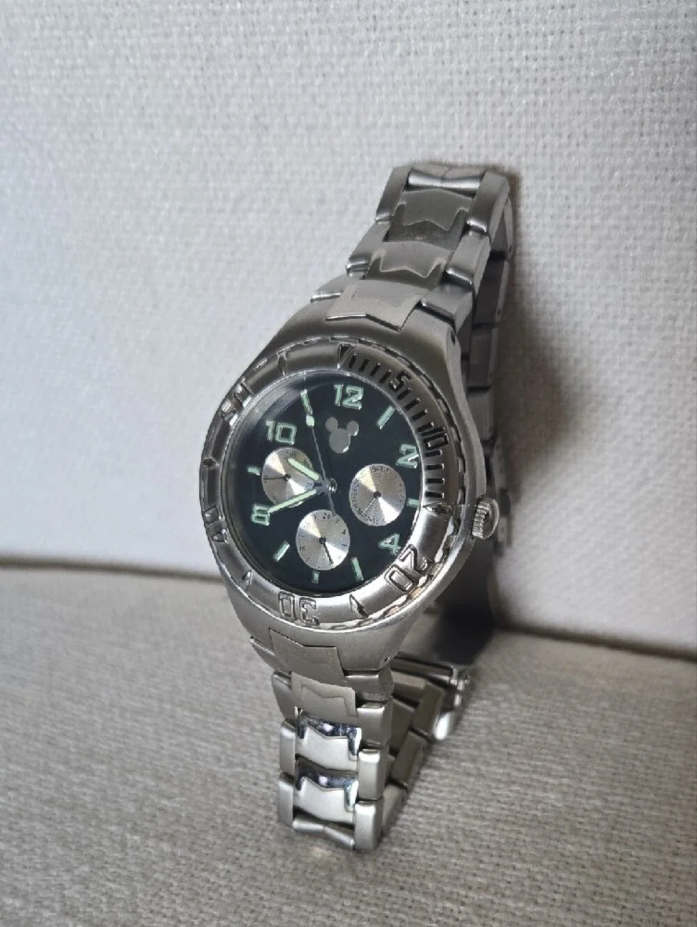 Disney Silver-Tone Men’s Watch with Black Dial and Gold Subdials